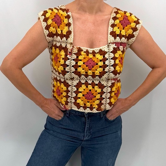 Vintage Tops - Vintage 70’s Boho Patchwork Handmade Crochet Macrame Sleeveless Sweater Top